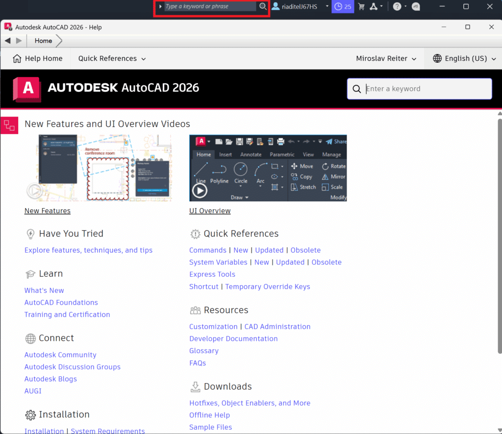 AutoCAD Autodesk vyhľadávanie search dokumentácia