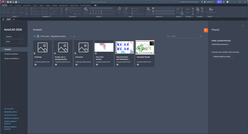 online kurz autocad autodesk úvodná obrazovka welcome screen cz