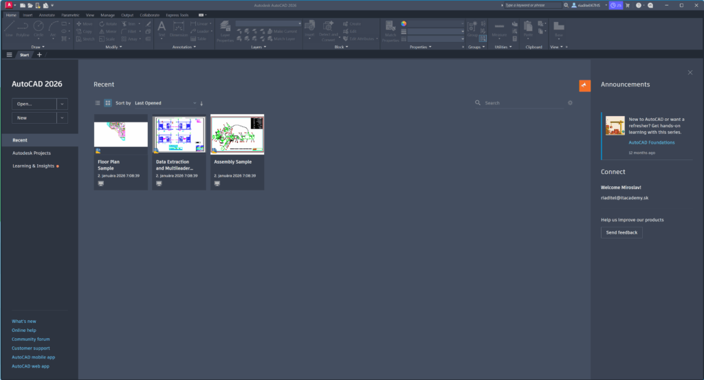 online kurz autocad autodesk úvodná obrazovka welcome screen en