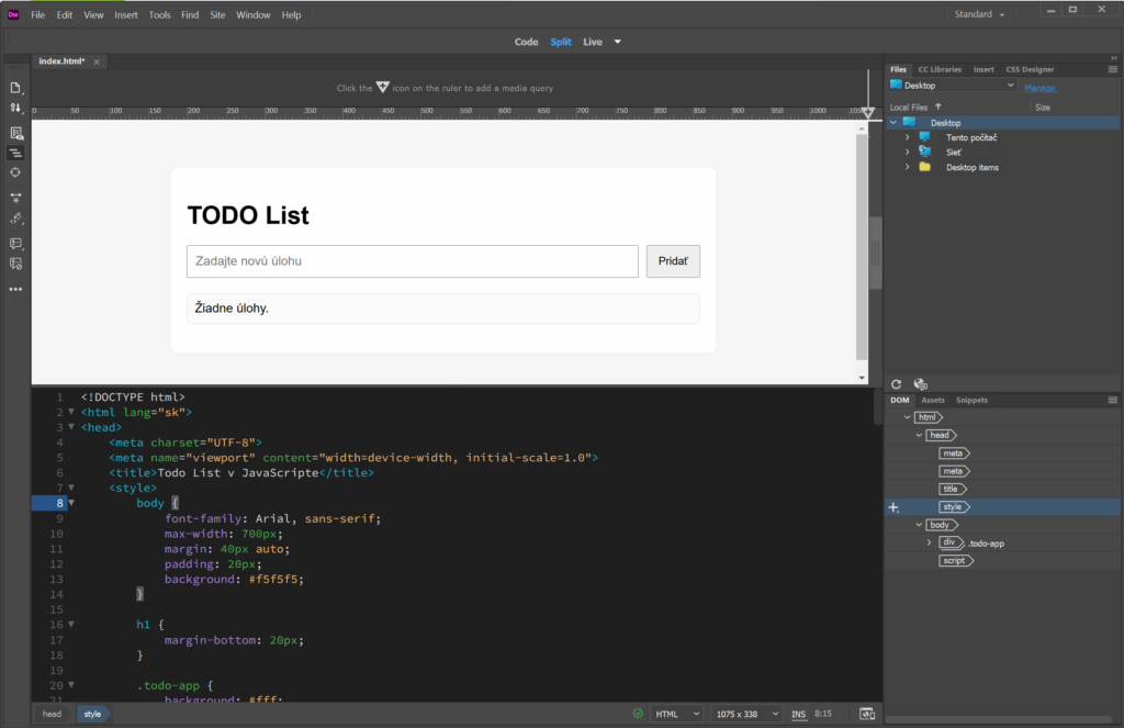 prostredie adobe dreamweaver html css javascript