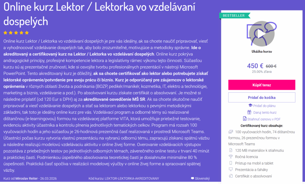 akreditovaný online kurz program Lektor / Lektorka vo vzdelávaní dospelých
