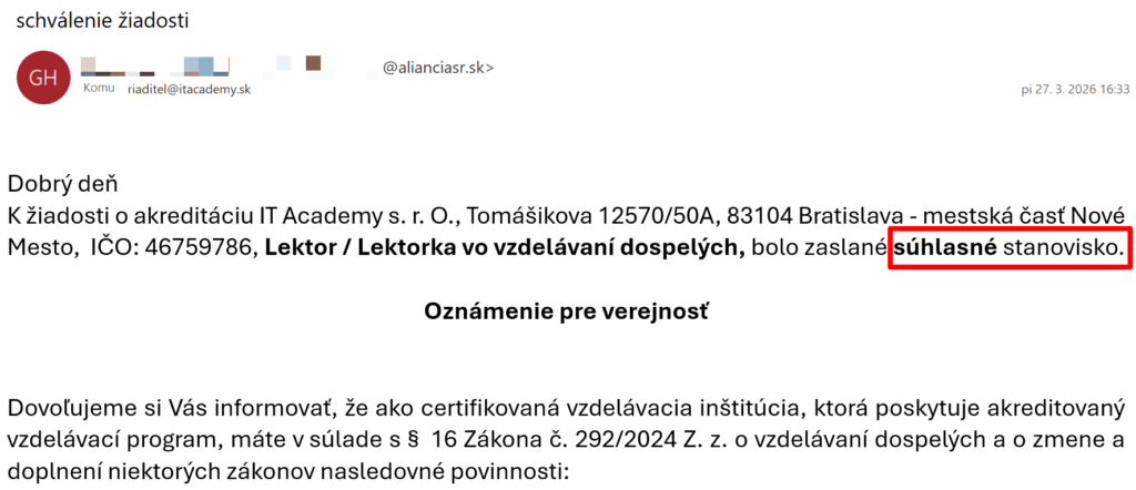 schválenie žiadosti akreditovaný kurz lektor lektorka
