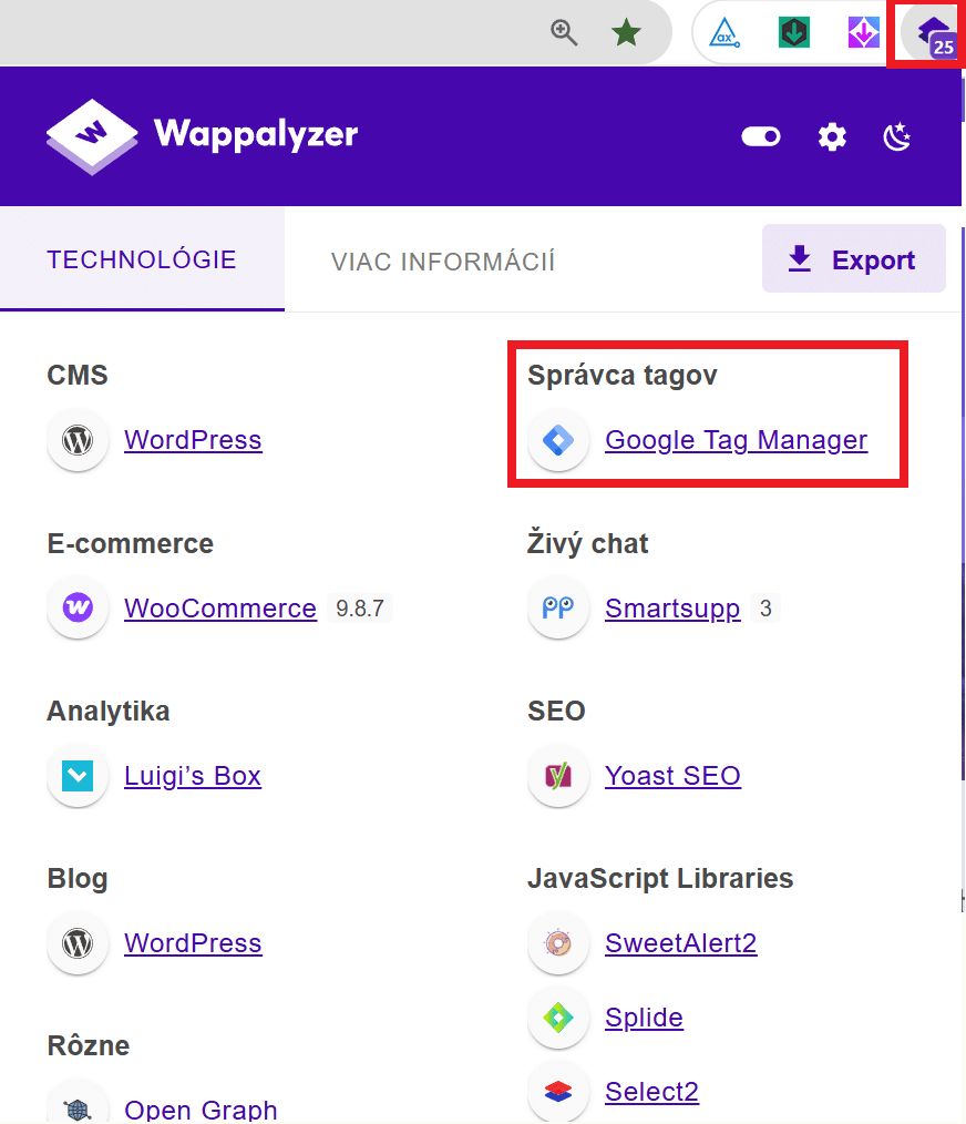 Wappalyzer Google Tag manager správca tagov