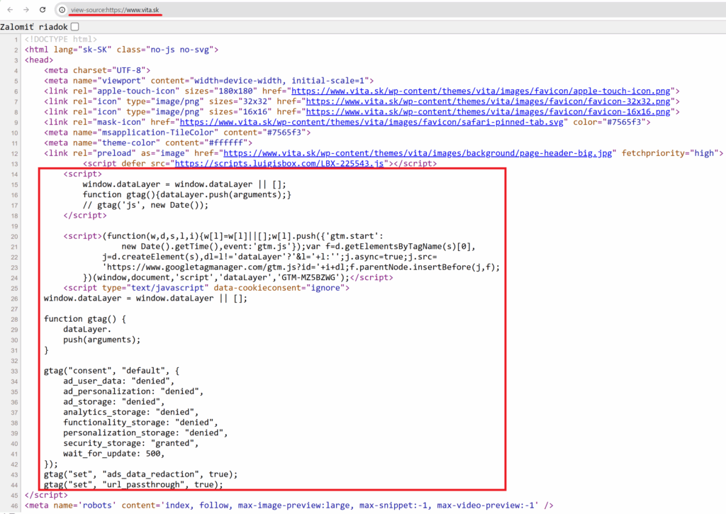 zdrojový kód Google Tag Manager správca značiek Google Analytics GA4