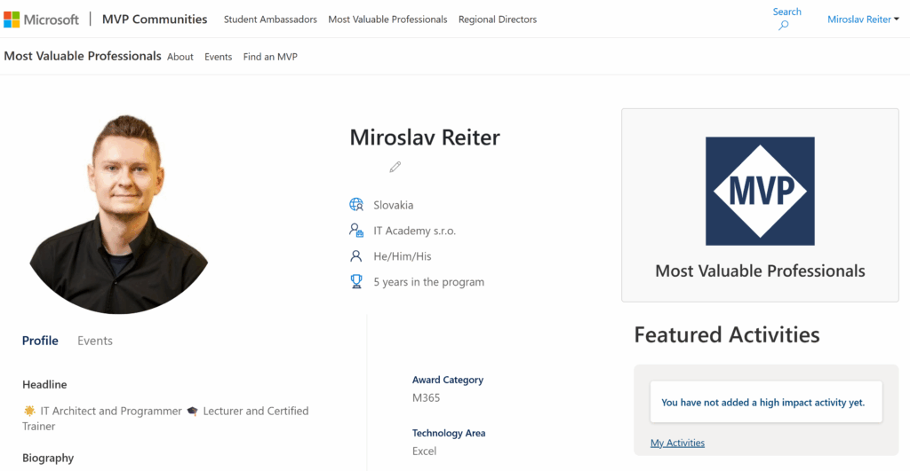 Oficiálny profil Microsoft MVP Miroslava Reitera uvádza päť rokov v programe, kategóriu M365 a Microsoft Excel