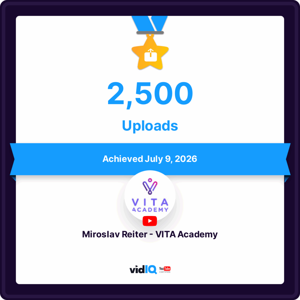 Ocenenie pre YouTube kanál Miroslav Reiter VITA Academy za dosiahnutie 2 500 nahratých videí.