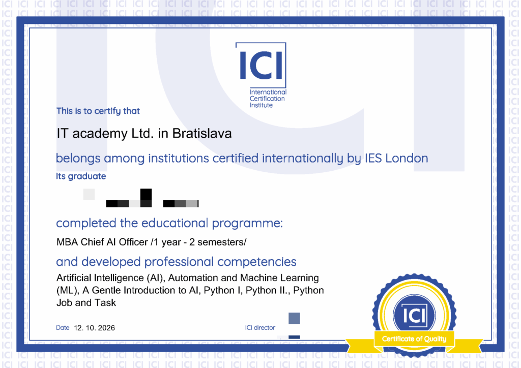 Ukážka absolventského certifikátu ICI s odbornými kompetenciami programu MBA Chief AI Officer VITA IT Academy